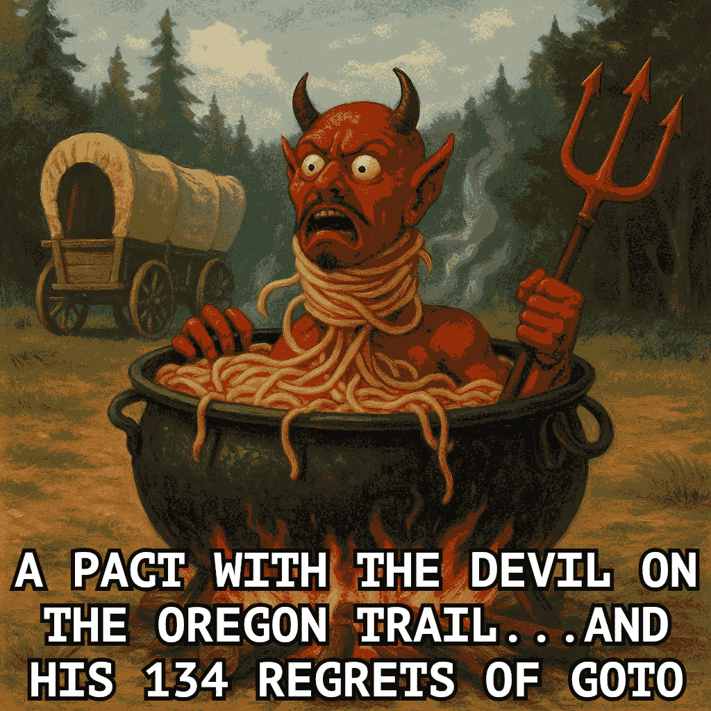 image of Devil being strangled to death by spaghetti, regretting the pact